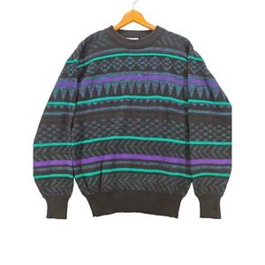 Vintage Meister Mens Large Wool Blend Geometric Knit Sweater Teal Purple Black